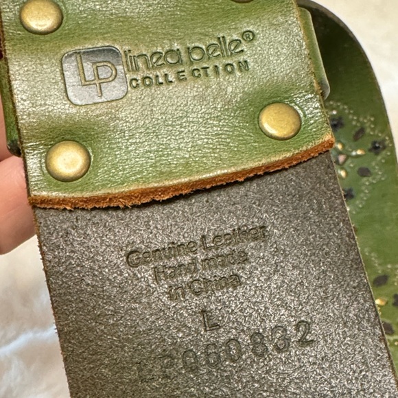 Linea Pelle Genuine Leather Green Vtg Bohemian Western Belt, Solid Brass Buckle - Picture 9 of 15